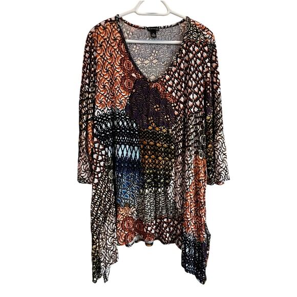 New Directions Woman 3X Asymmetrical Tunic Top Boho Abstract Print Stretch - Picture 1 of 8